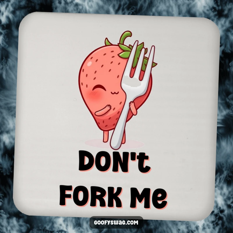Funny blushing strawberry hiding behind a large fork on a drink coaster, adding a touch of shy humor to table settings.