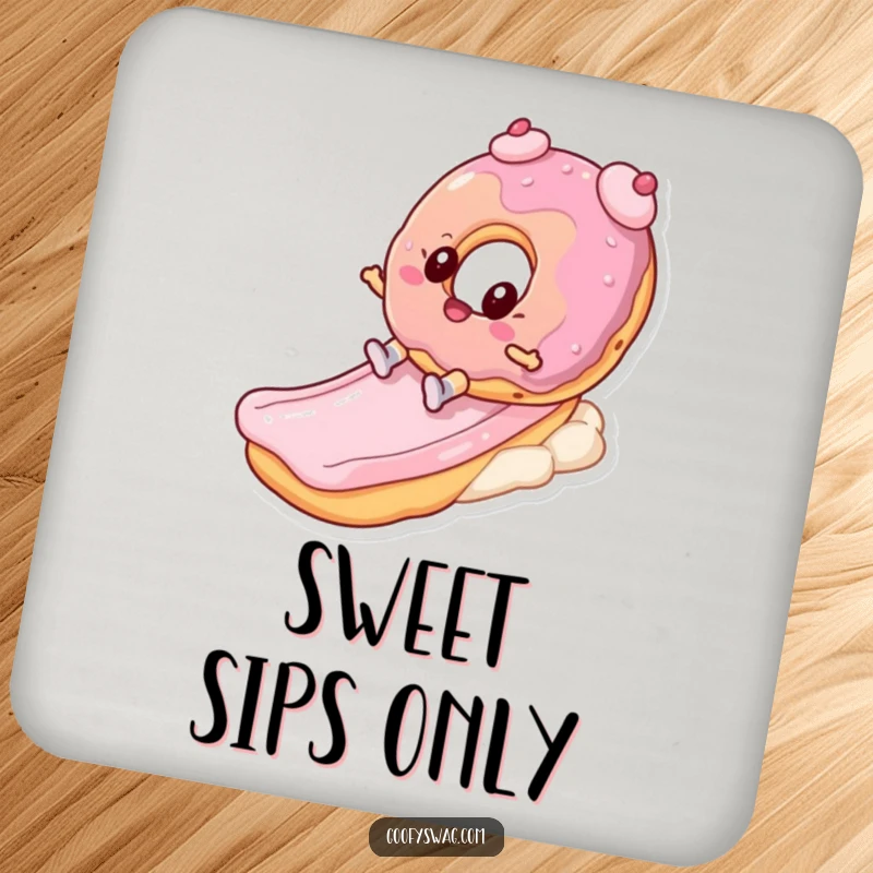Funny donut character sliding down a frosting slide on a drink coaster, adding a touch of playful sweetness to table settings.