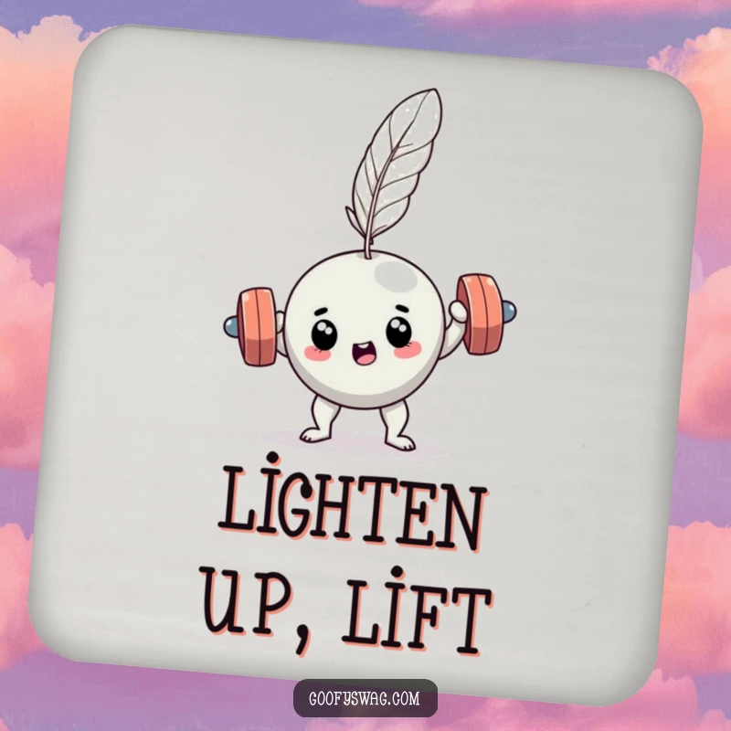 Funny determined dumbbell feather lift coaster, a humorous accessory for tables, showcasing a comical workout.