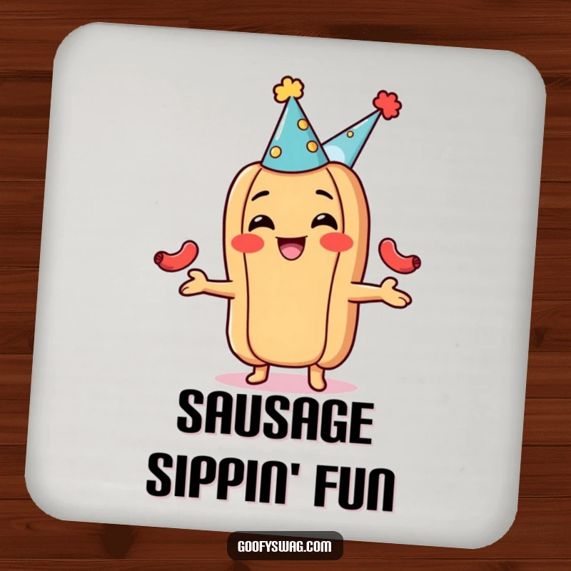Funny hot dog coaster, wearing a party hat and juggling tiny sausages. Protects surfaces with a festive and humorous design.