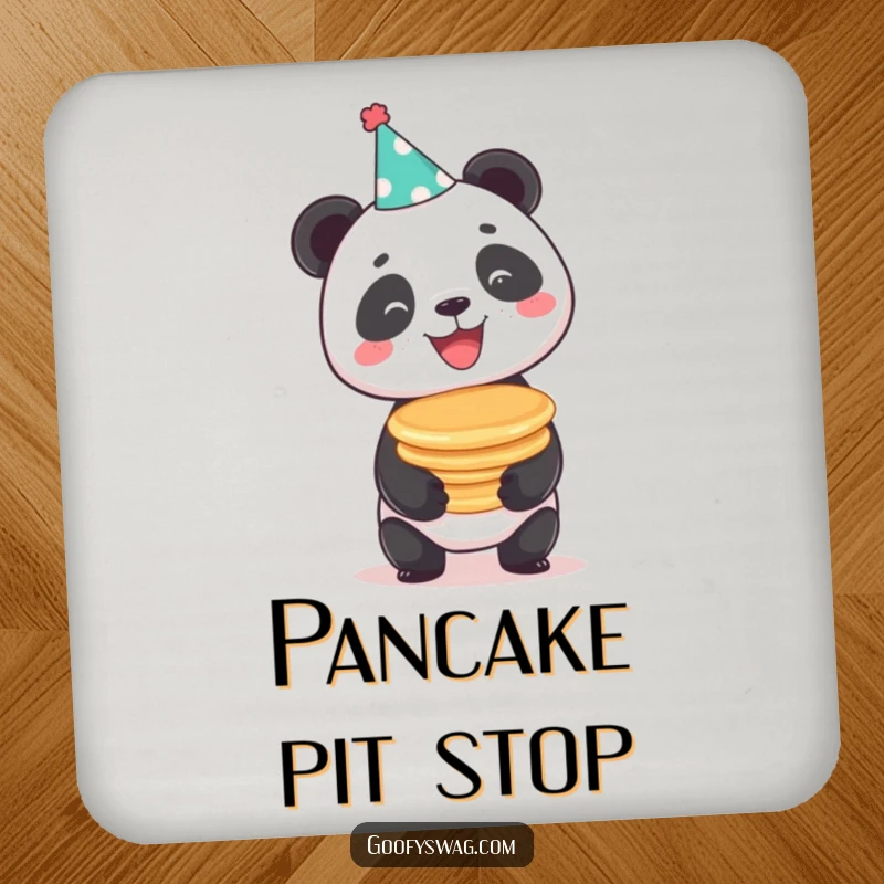 Funny beaming panda balancing a stack of pancakes, a humorous drink coaster for surface protection.