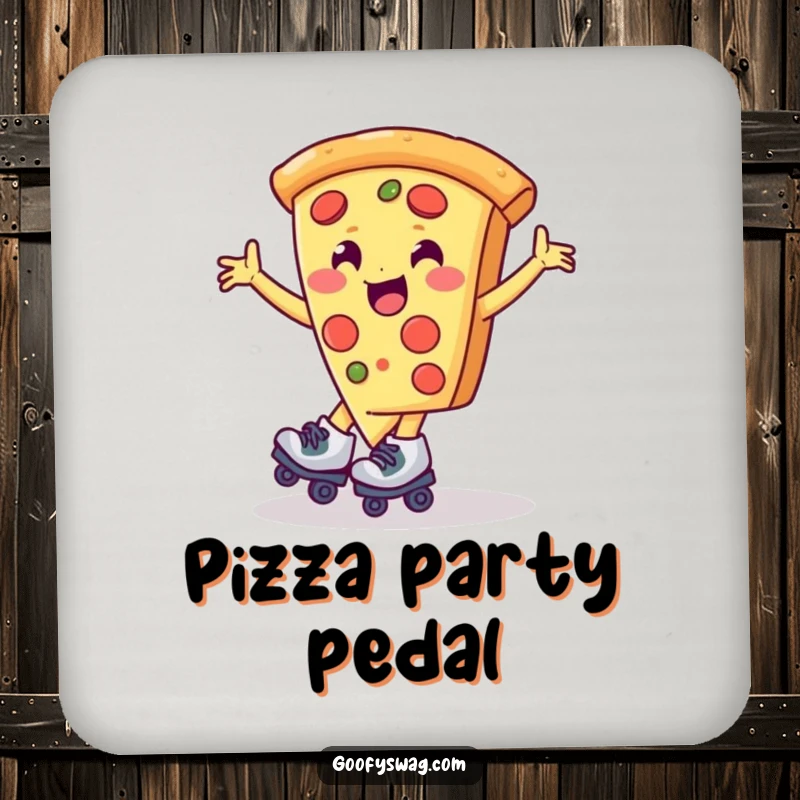 Funny pizza slice character on roller skates, spinning merrily, featured on a drink coaster for fun protection.