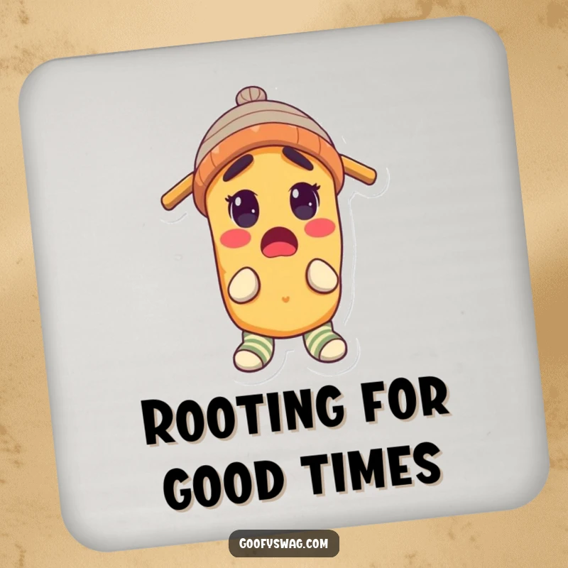 Funny Drink Coaster featuring a surprised potato character in a propeller beanie and mismatched socks, offering both protection and humor.