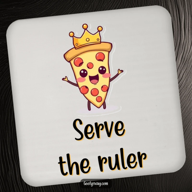 Funny proud pizza slice character wearing a tiny crown, printed on a set of humorous drink coasters.