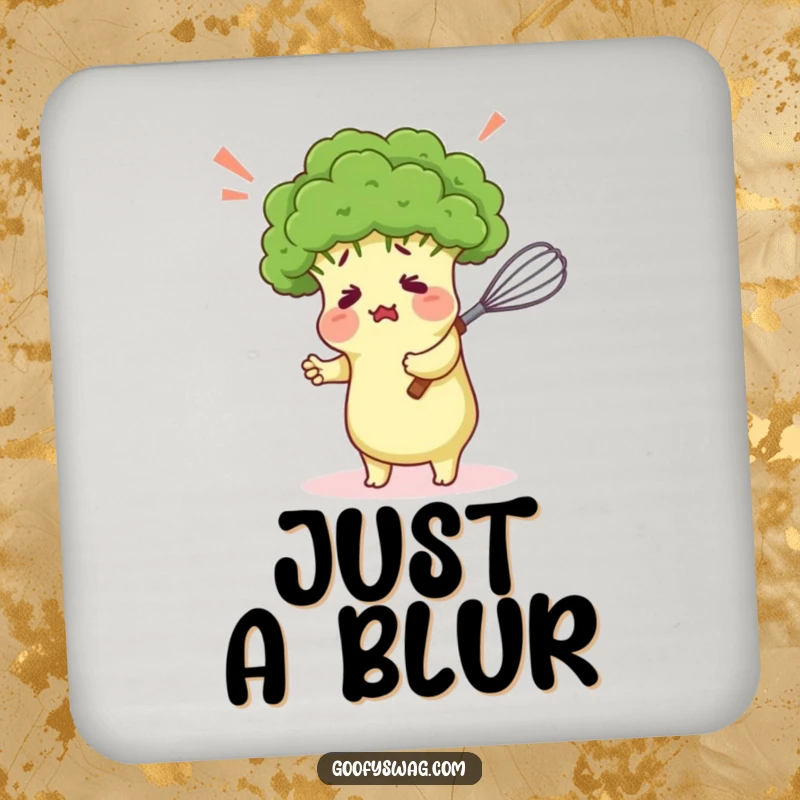 Funny drink coaster with a confused broccoli floret comically hugging a kitchen whisk, protecting furniture with a humorous design.