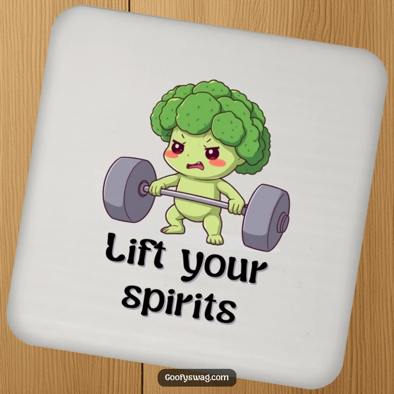 Funny drink coaster featuring a determined broccoli floret lifting a heavy weight, offering protection with a humorous and motivational design.