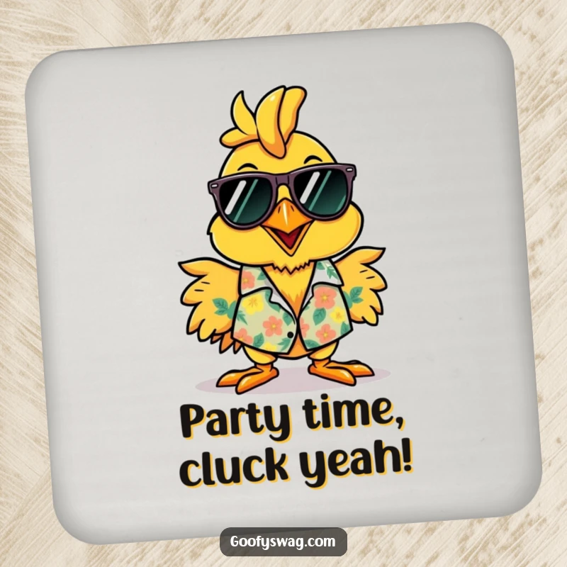 Funny rubber chicken Hawaiian shirt coaster, a humorous accessory featuring a relaxed chicken, perfect for parties.