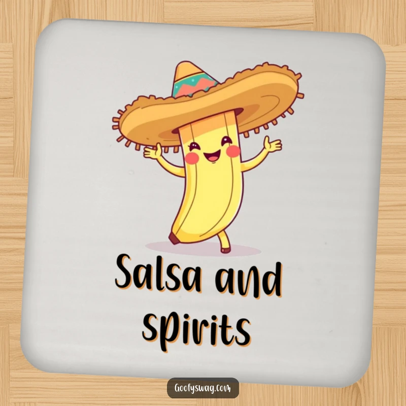 Funny drink coaster featuring a banana peel wearing a sombrero and dancing the cha-cha, protecting surfaces with a festive and humorous theme.