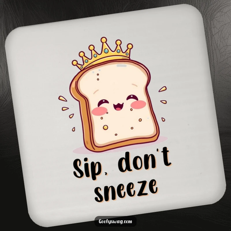 Funny drink coasters featuring a crowned toast slice dramatically sneezing crumbs, protecting surfaces with humor.