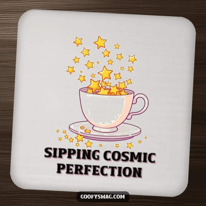Funny Drink Coaster illustrating a teacup spilling a shower of stars, providing both protection and cosmic decoration.