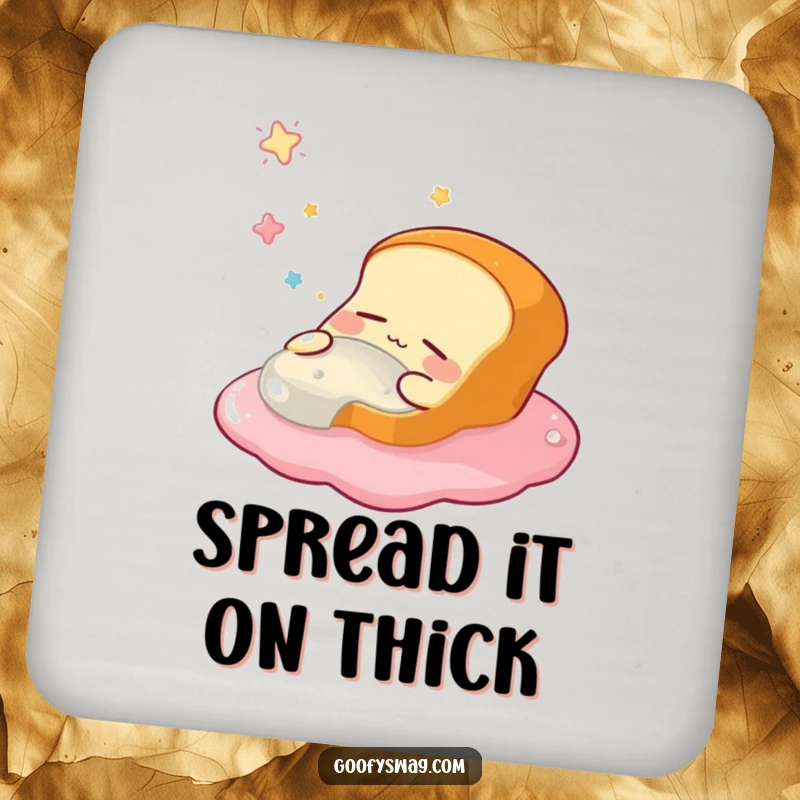 Funny drink coaster featuring a sleepy bread loaf dreaming of jelly, protecting surfaces with a touch of whimsical, edible humor.