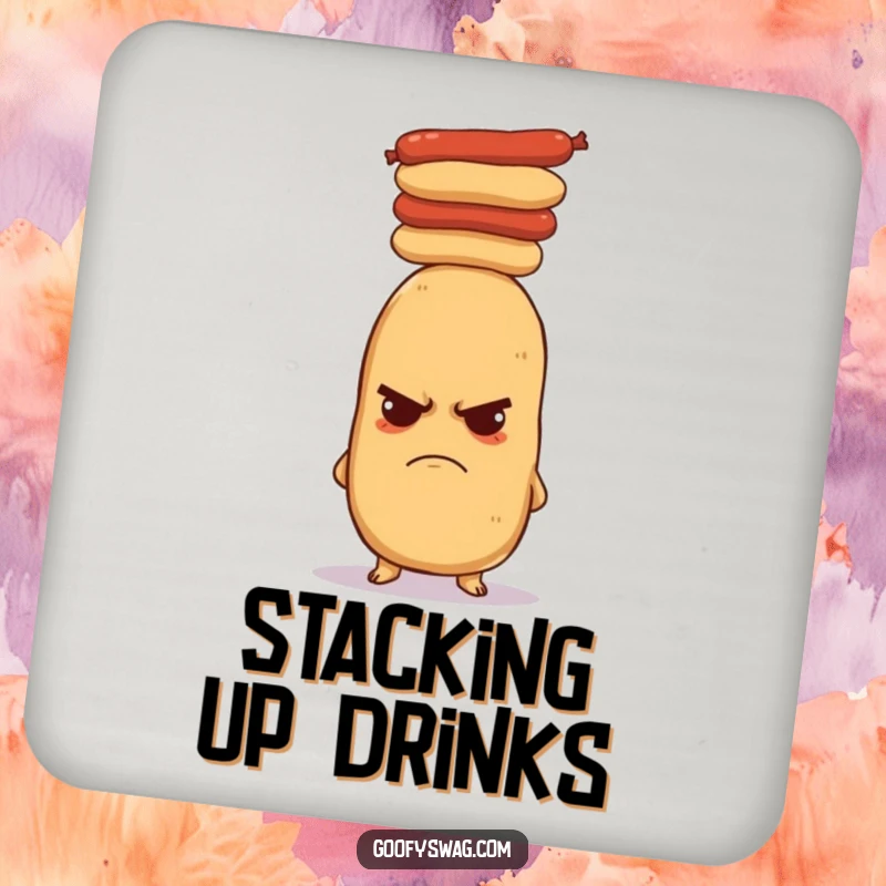 Funny grumpy potato coaster, depicting a potato balancing hot dogs on its head. Protects surfaces with a humorous design.