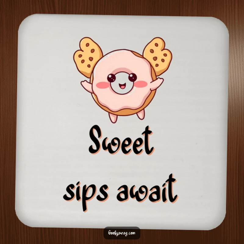 Funny Donut Drink Coaster with a blushing donut and cookie wings attempting flight, adding a sweet element.