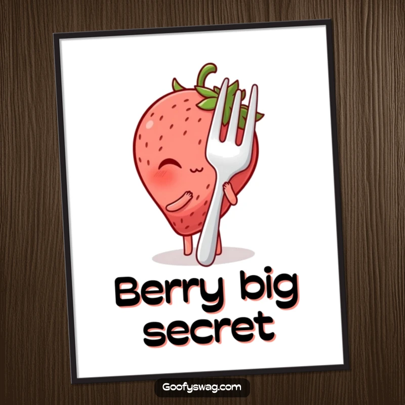 Funny blushing strawberry art print, shyly hiding behind a giant fork, bringing a touch of cute and humorous wall decor.