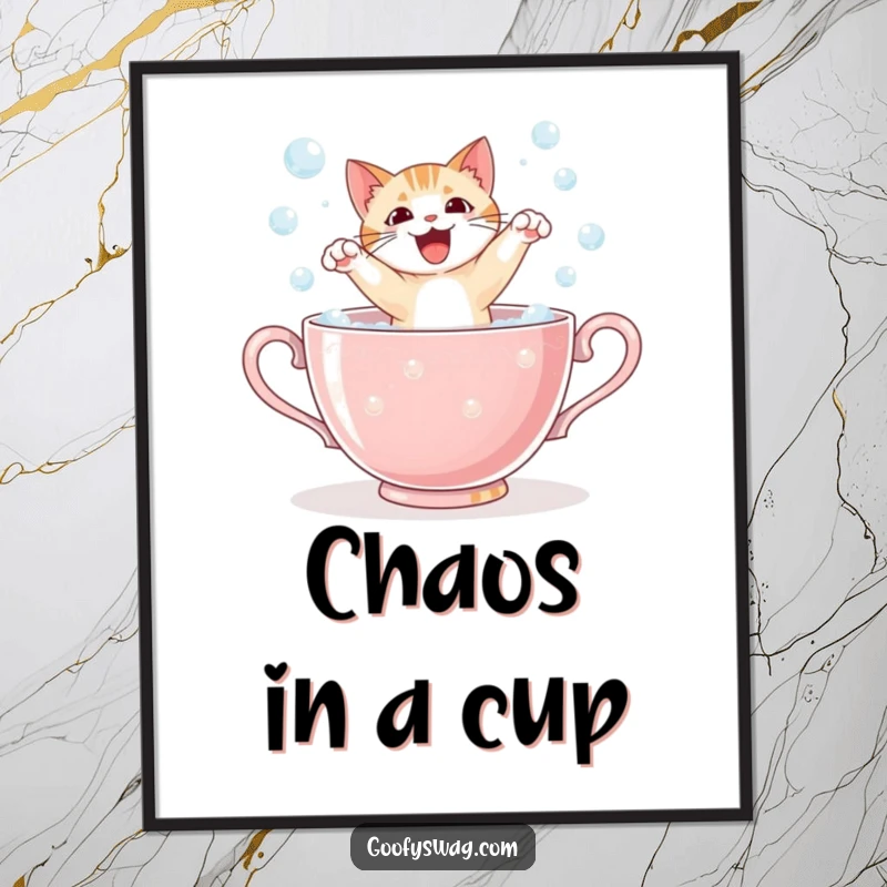 Funny startled cat leaping from a giant teacup bursting with bubbles, high-quality poster art for humorous home decoration.