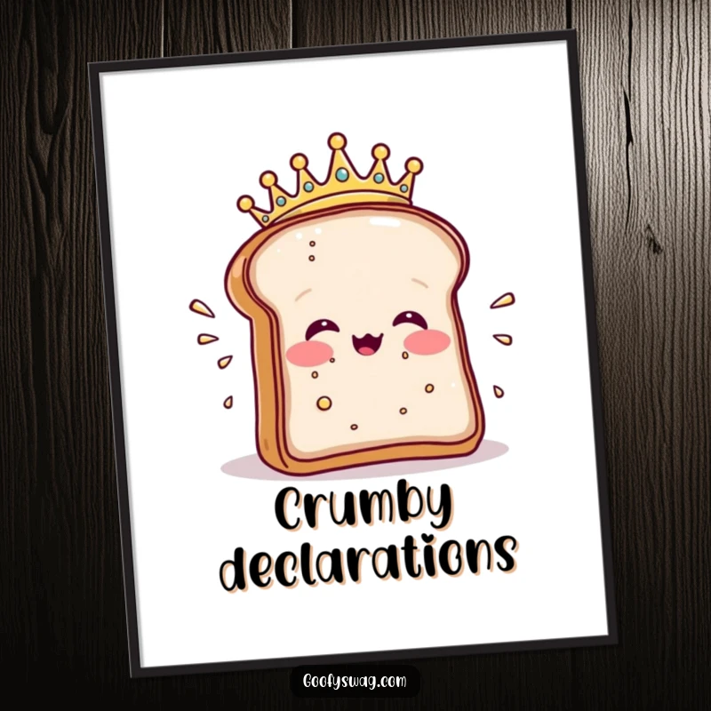 Funny poster depicting a crowned toast slice dramatically sneezing crumbs, adding whimsical breakfast art.