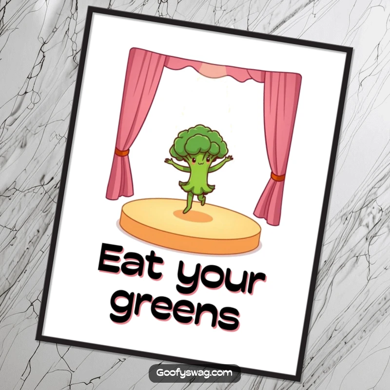 Funny dancing broccoli doing a dramatic pirouette on a tiny stage, a dynamic poster art print that adds a theatrical and humorous touch.