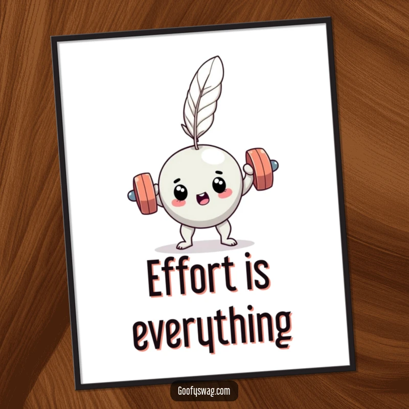 Funny determined dumbbell feather lift poster, capturing a humorous moment of unequal strength, ideal for gym decor.