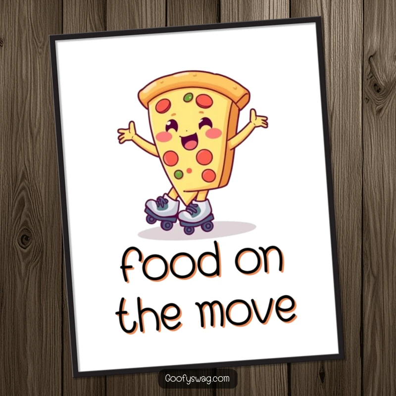 Funny pizza slice wearing roller skates, captured mid-spin, as a colorful and fun poster for wall decoration.