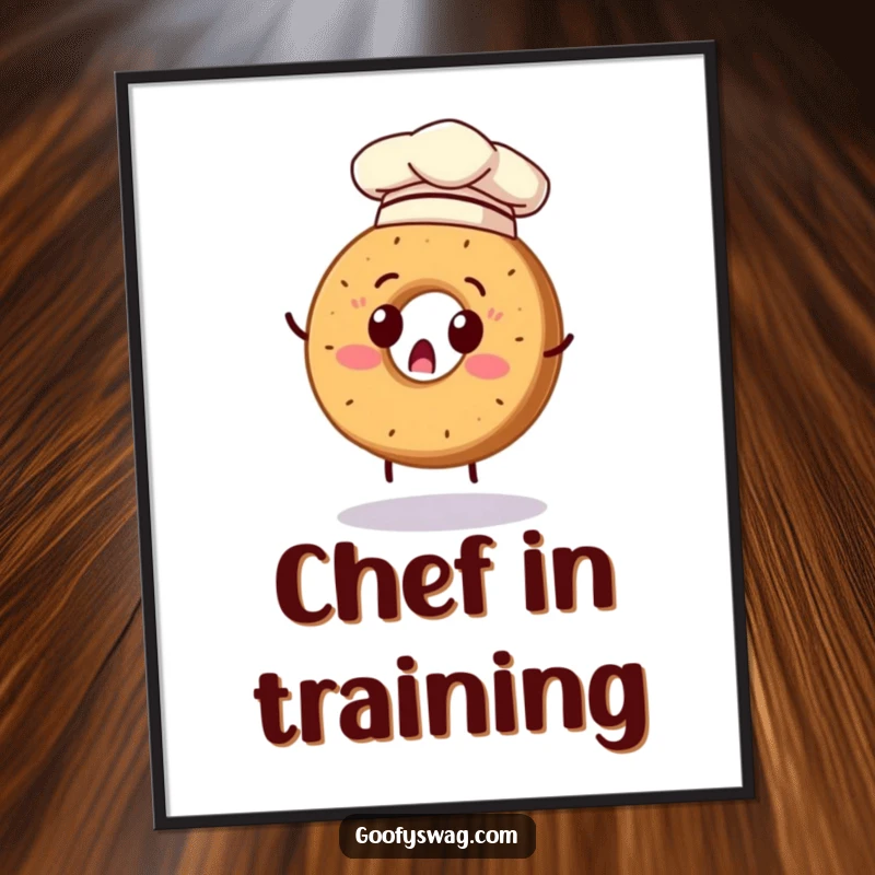 Funny poster depicting a surprised bagel wearing a chef hat, attempting to flip itself, adding whimsical kitchen art.