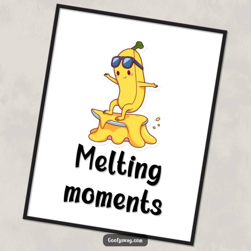 Funny happy banana character surfing a melting ice cream cone, presented as a vibrant art print for walls.