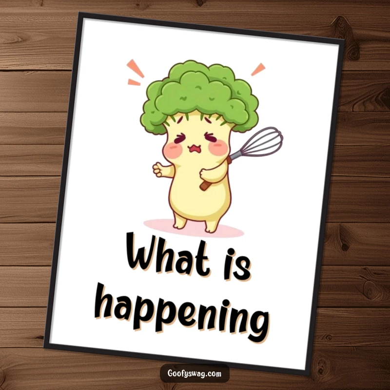 Funny poster showing a confused broccoli floret comically hugging a kitchen whisk, adding a humorous and artistic touch to any room.