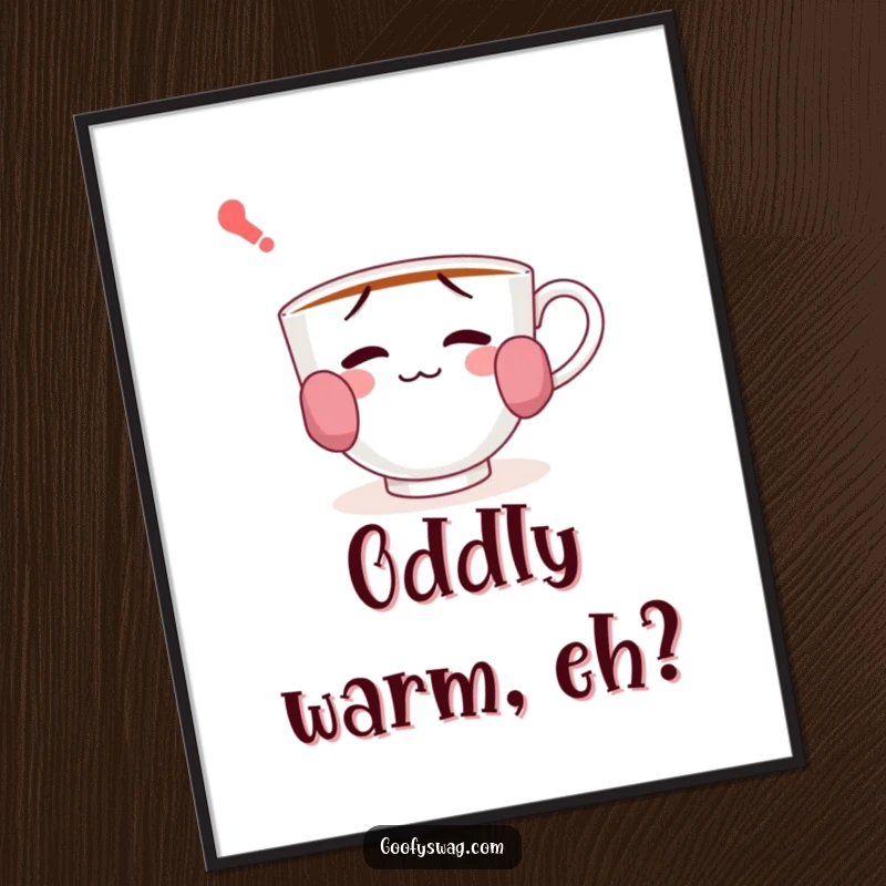 Funny poster print of a confused teacup wearing socks on its handles, ideal for adding a touch of whimsical art to any room.