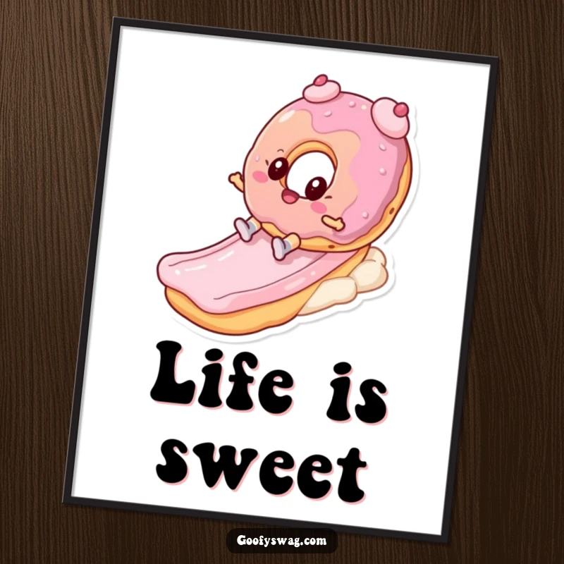 Funny donut character joyfully sliding down a frosting slide, depicted in a vibrant poster for sweet and humorous wall art.