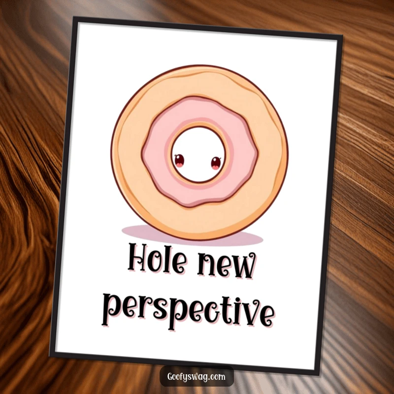 Funny doughnut art print of a curious doughnut peeking from a larger doughnut’s hole, adding whimsical and humorous decor.