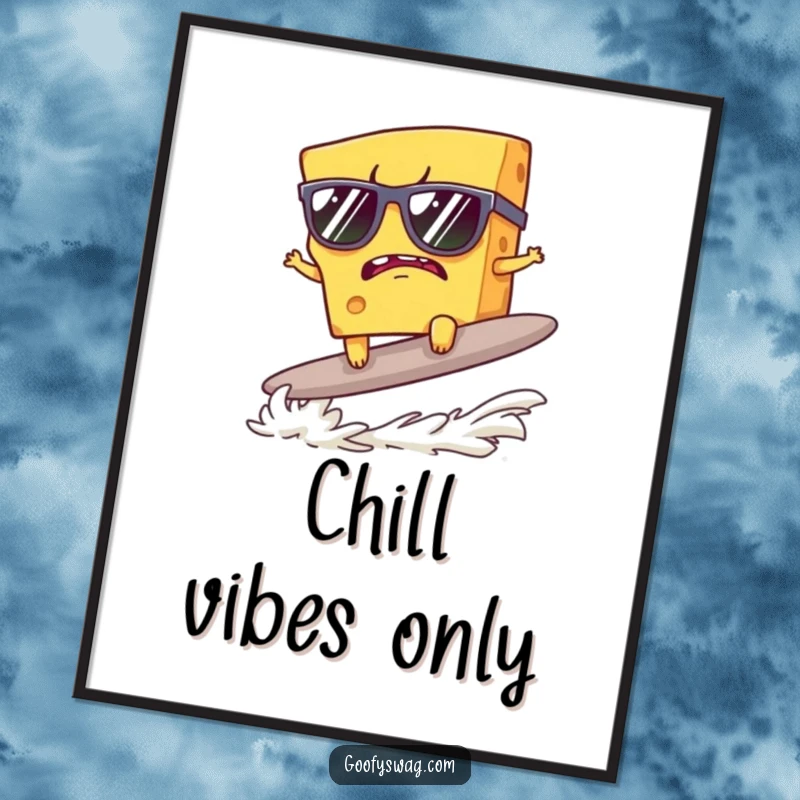 Funny poster depicting a grumpy cheese slice wearing sunglasses, surfing a cracker, adding cool wall art.
