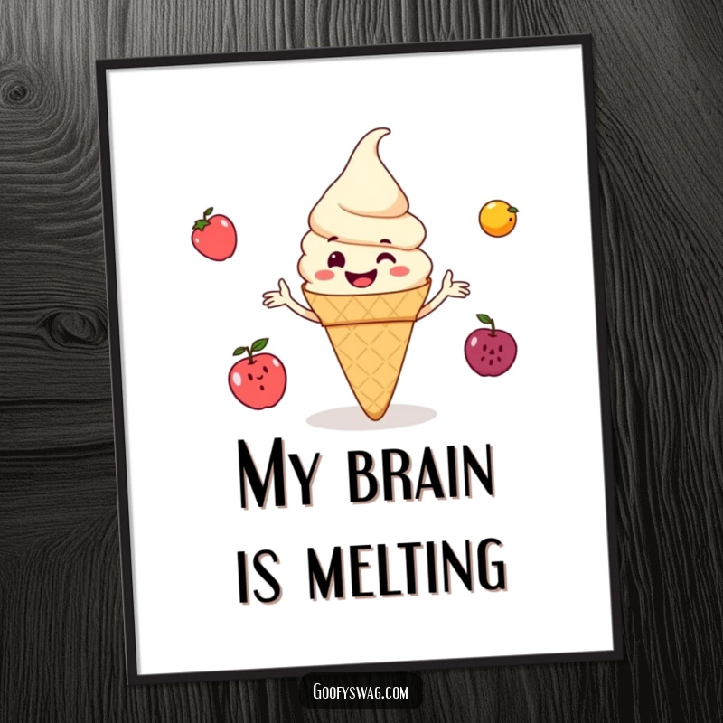 Funny ice cream cone grinning and juggling small fruits, a playful poster art print that adds a burst of color and humor to your walls.