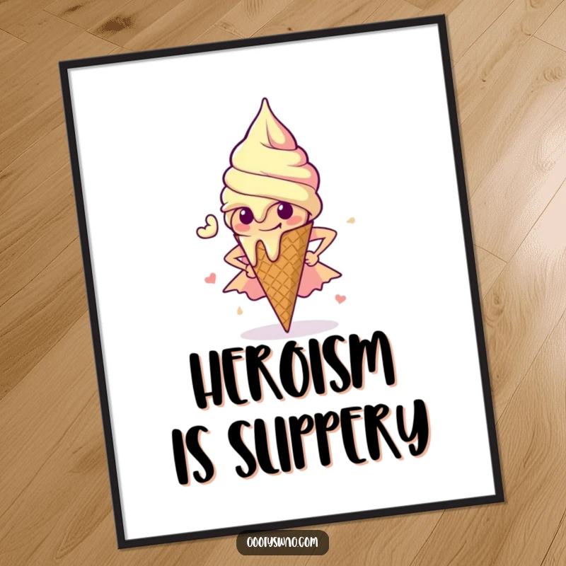 Funny Ice Cream Poster: A vibrant poster of a melting ice cream cone striking a dynamic superhero pose, full of sweet power.