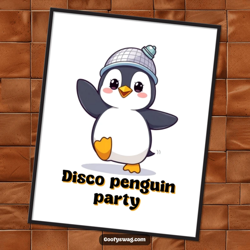 Funny Poster featuring a proud penguin in a disco ball hat, dancing energetically, ideal for party decor.