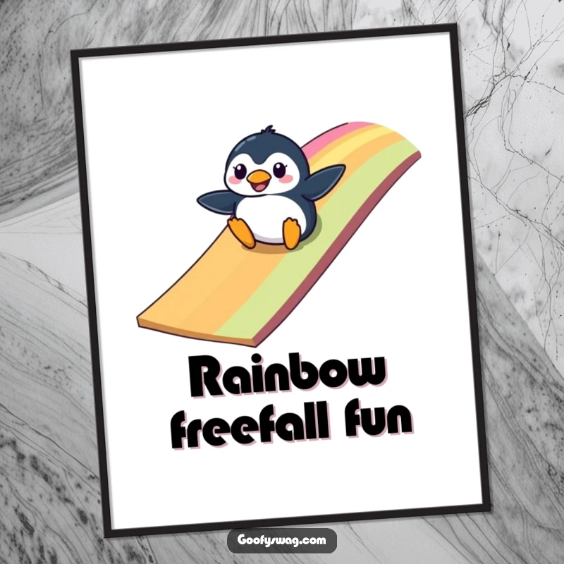 Funny clumsy penguin sliding down a vibrant rainbow-colored ramp, a humorous and cheerful poster for wall decoration.