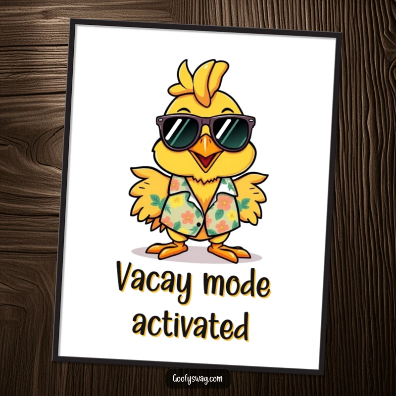 Funny rubber chicken Hawaiian shirt poster, a vibrant and comical depiction of a chicken enjoying a vacation.
