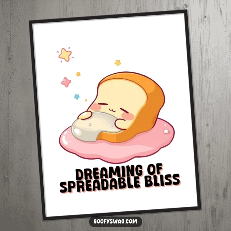 Funny poster depicting a sleepy bread loaf envisioning itself floating in jelly, a charming and humorous piece of edible art for decoration.