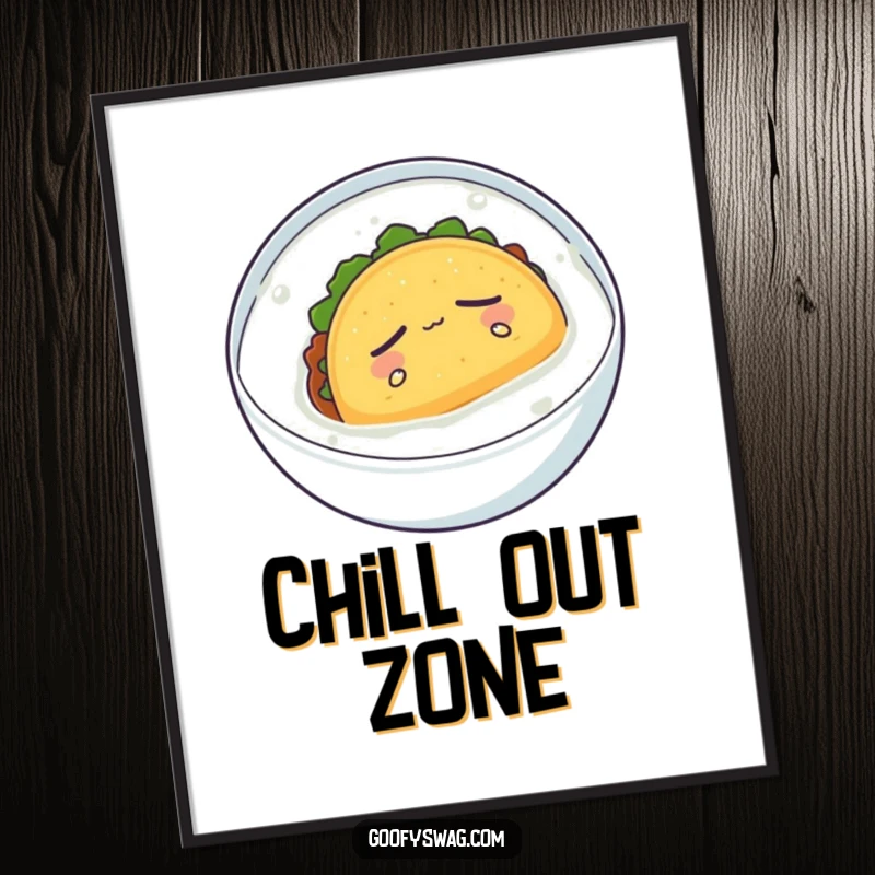 Funny poster art of a sleepy taco floating serenely in milk, artistic and humorous wall decor.