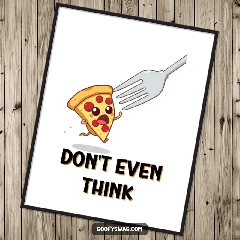 Funny poster print of a startled pizza slice dramatically escaping a large fork, ideal for adding humor to any room's decor.