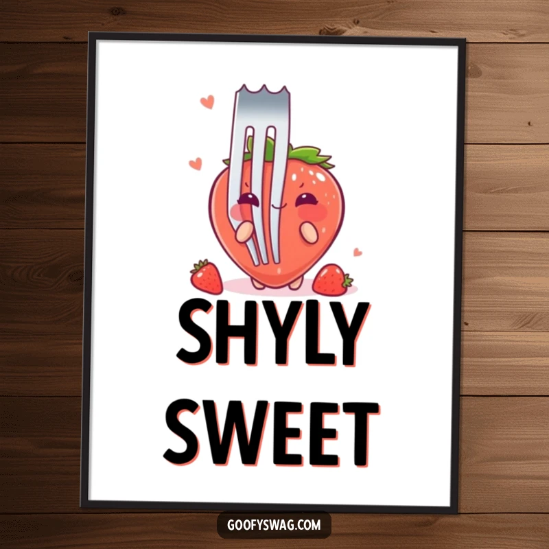 Funny Strawberry Fork Poster: A blushing strawberry is depicted trying to hide behind a comically large fork in this humorous artwork.