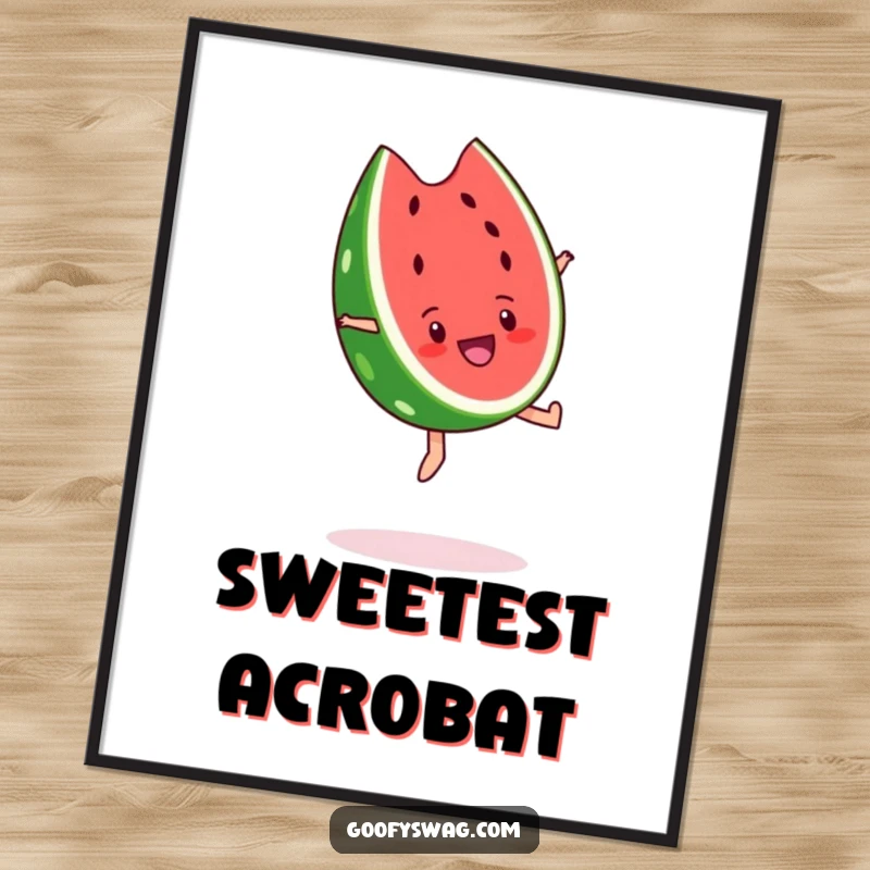 Funny watermelon slice poster, executing a dramatic backflip with an ecstatic smile. Vibrant and humorous wall art for a cheerful atmosphere.