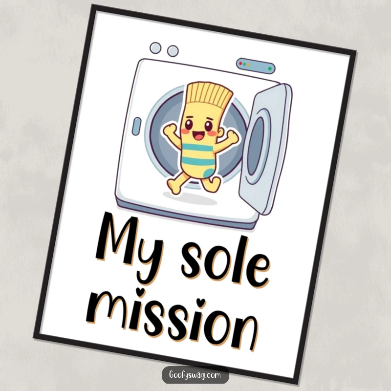 Funny determined sock character making a bold exit from a dryer, presented as humorous wall art.