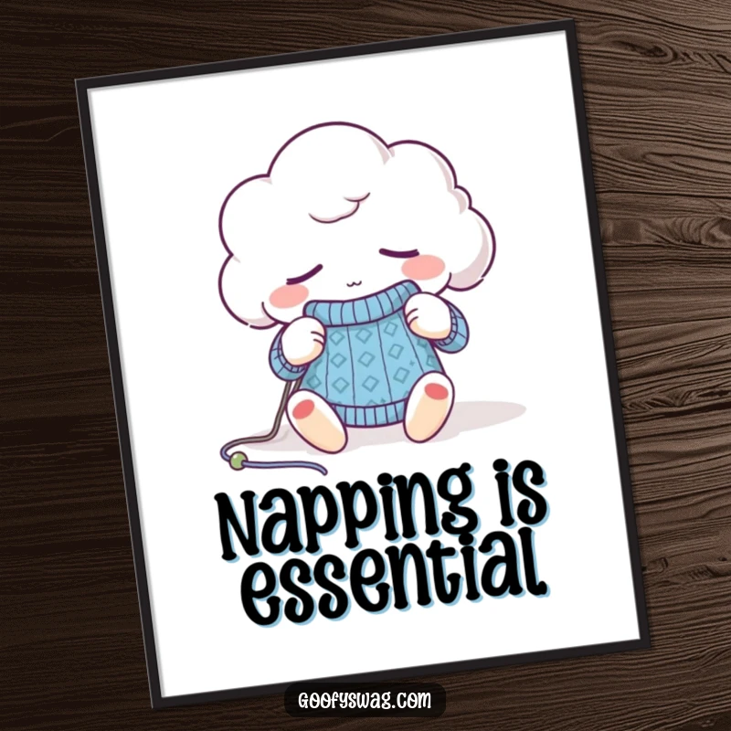 Funny sleepy cloud knitting poster, a calm character peacefully attempting to knit, ideal for serene and humorous decor.