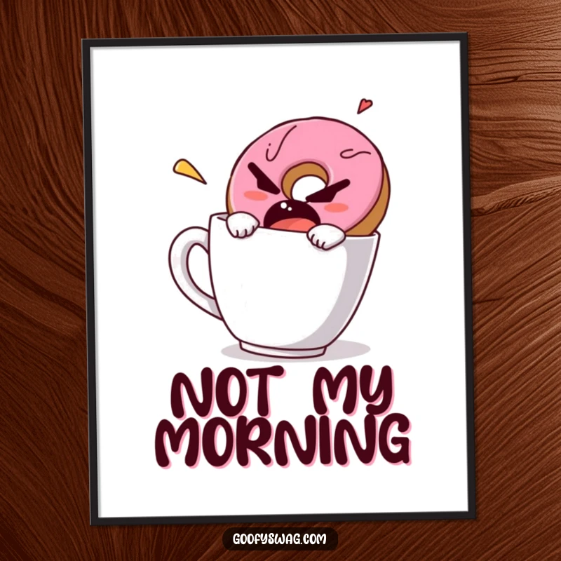 Funny poster print of a grumpy donut making a speedy escape from a coffee mug, ideal for humorously decorated rooms.