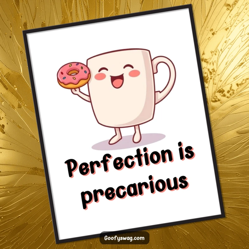 Funny Coffee Mug Poster: A vibrant poster of a dancing coffee mug balancing a donut, full of morning cheer and playful motion.
