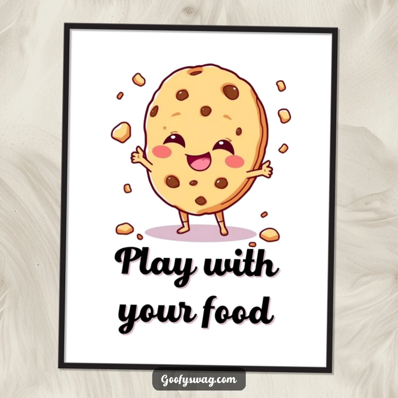 Funny giggling cookie character juggling crumbs with a mischievous grin, presented as humorous wall art.
