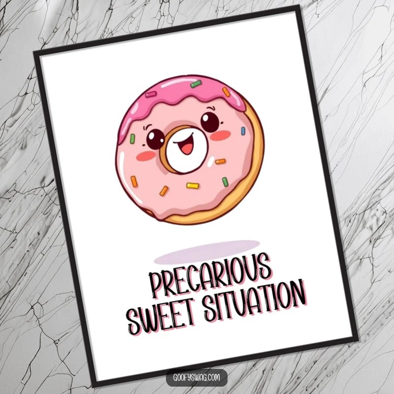 Funny poster depicting a wobbly jelly doughnut comically balancing on a single bite, adding whimsical dessert art.