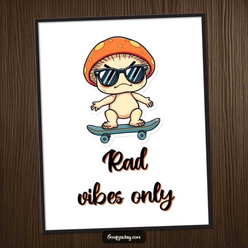 Funny poster print of a grumpy mushroom in sunglasses riding a skateboard, adding a cool, humorous, and artistic touch to any wall.