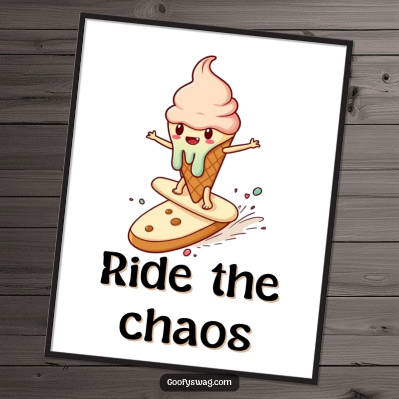 Funny poster print showcasing a melting ice cream cone surfing a runaway cookie, a whimsical and humorous artwork for your walls.
