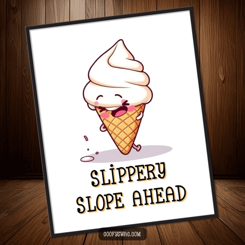 Funny clumsy ice cream cone character tripping over its own sprinkle, presented as humorous wall art.