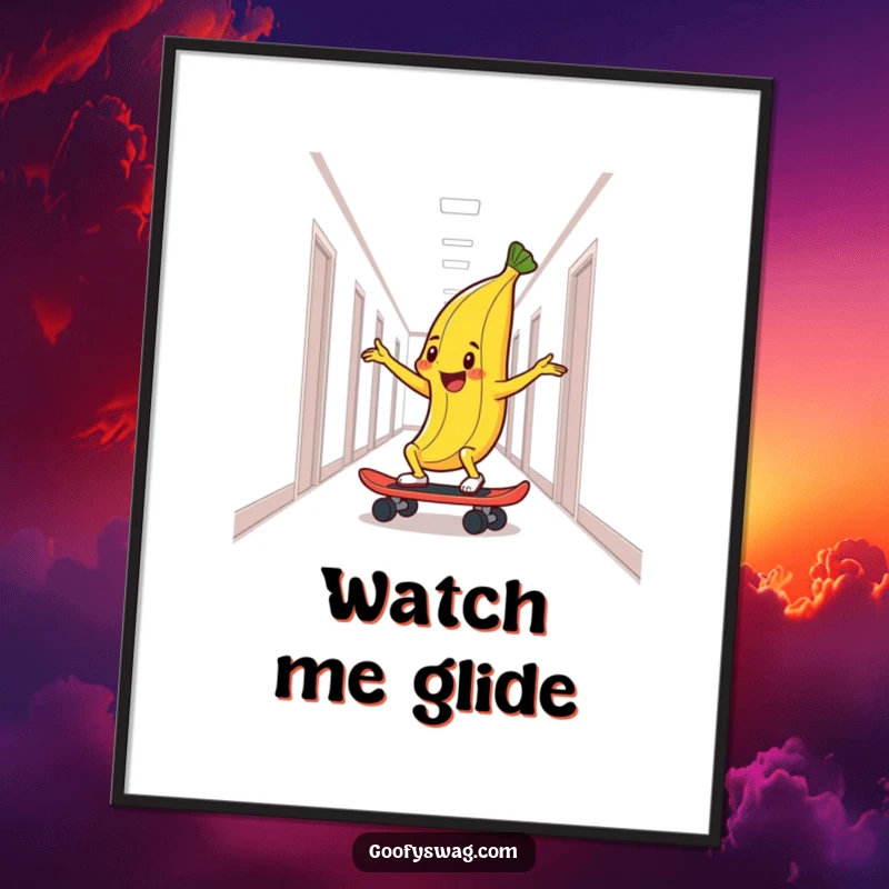 Funny poster print of a delighted banana peel skateboarding down a hallway, ideal for adding a dynamic and humorous touch.